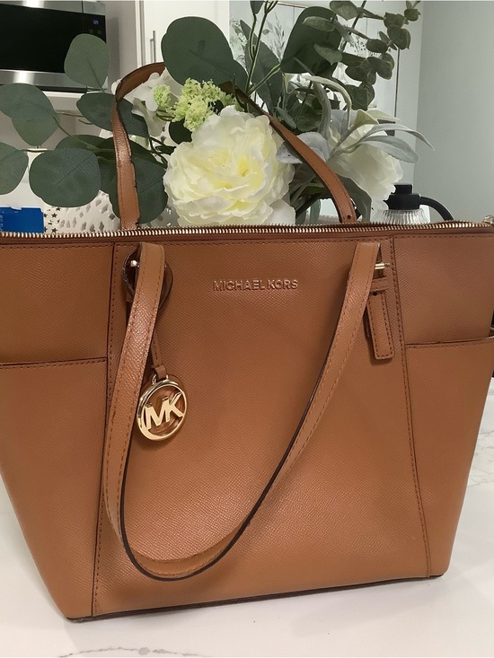Michael Kors Handbags - Michael Kors Cognac Saffiano Leather Tote with Gold MK Charm